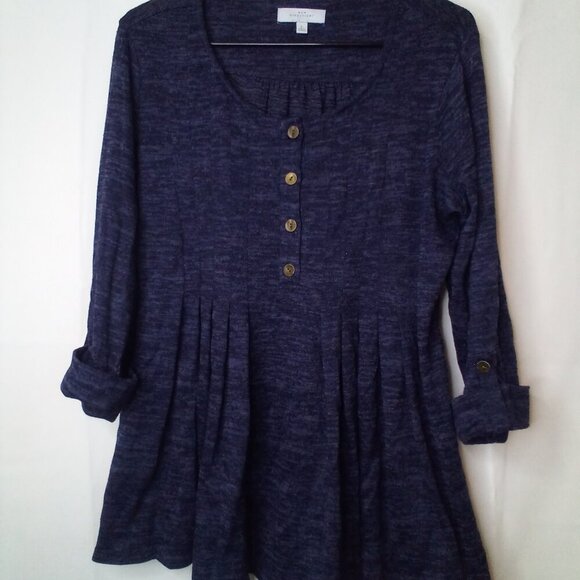 New Directions Shirt Women L Long Roll Tab Sleeve Pleated Top Button Blue - Picture 2 of 16
